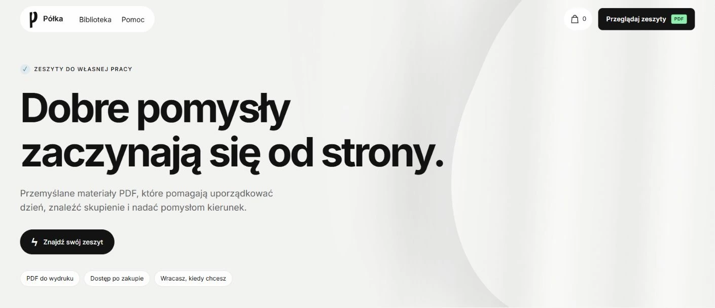 Podgląd projektu Półka: jasny sklep z e-bookami i wyrazistą czarną typografią