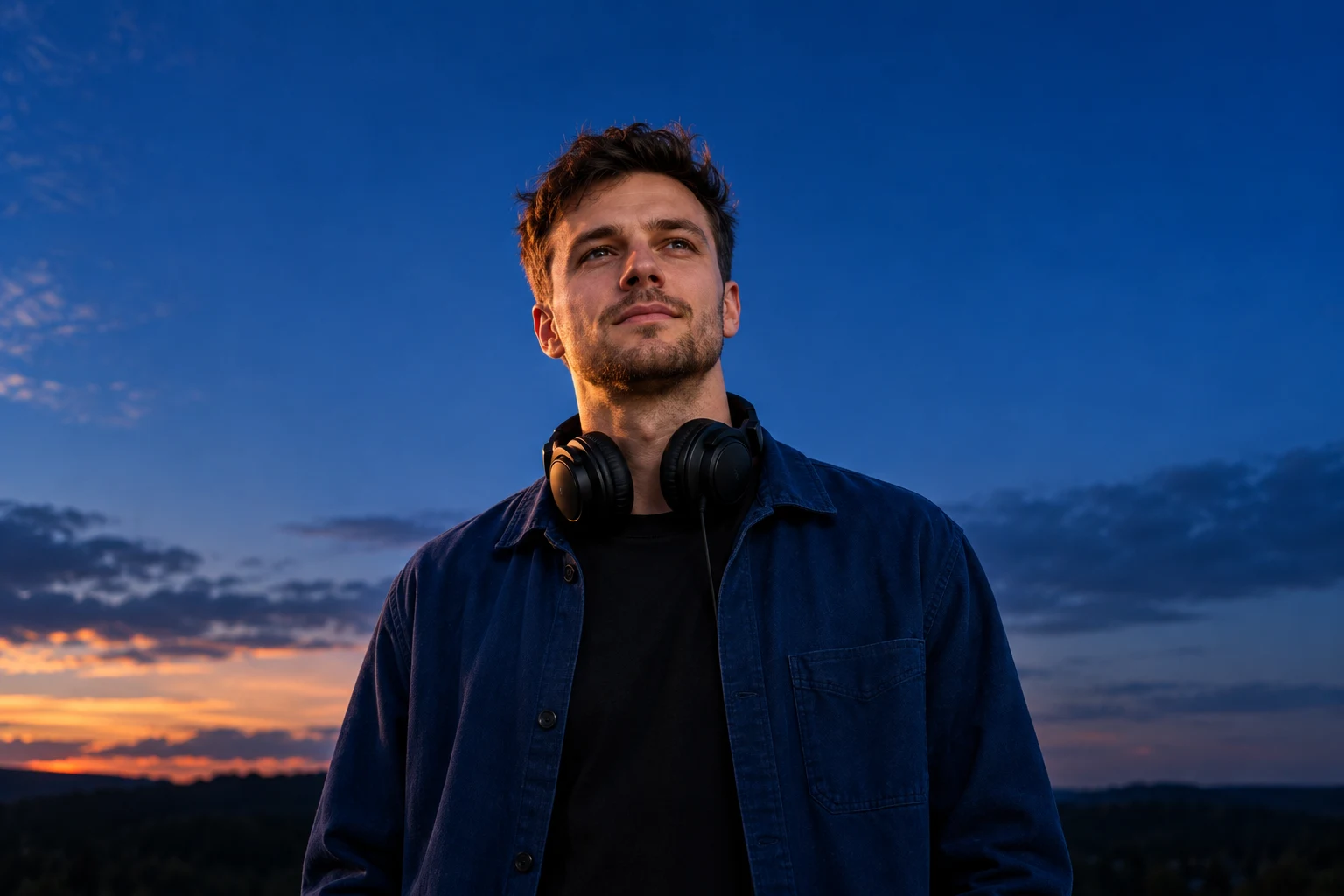Portret DJ-a na tle wieczornego nieba