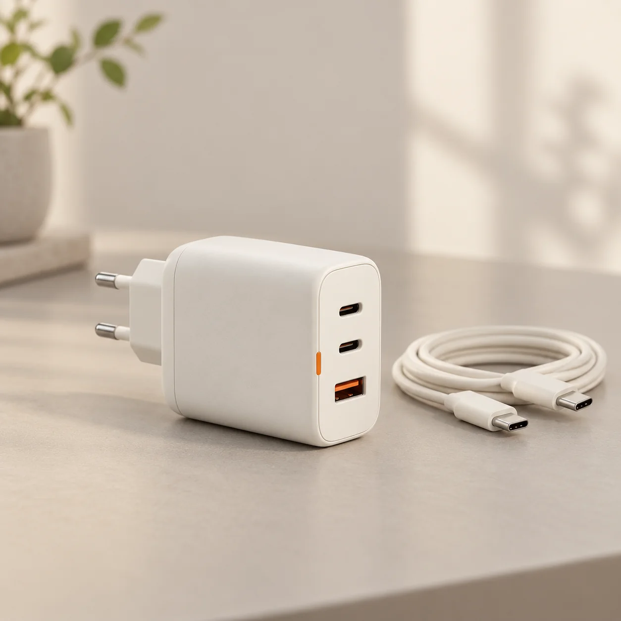 Jasna ładowarka z europejską wtyczką i przewodem USB-C