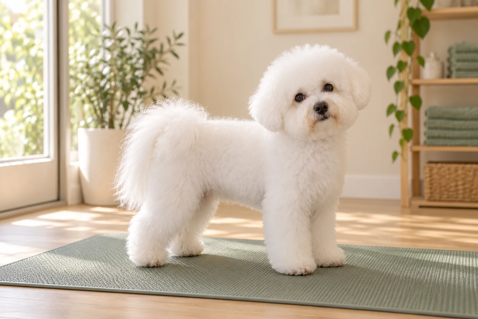 Bichon z zadbaną sierścią przy oknie salonu