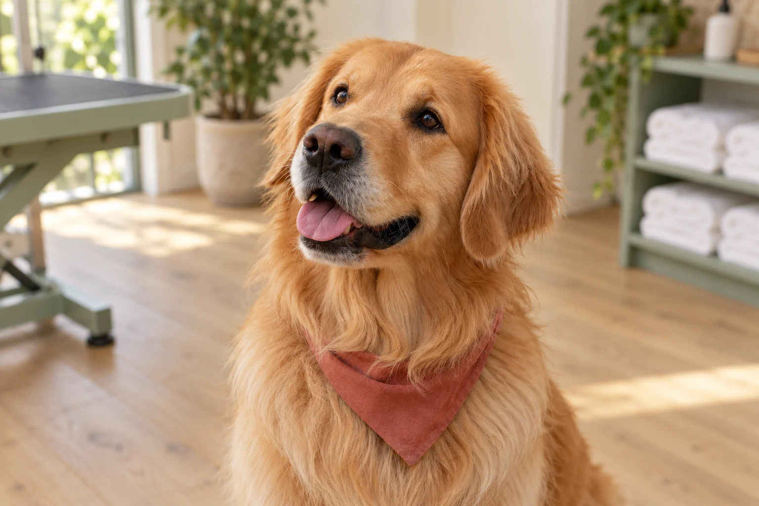 Golden retriever po pielęgnacji spogląda na opiekuna