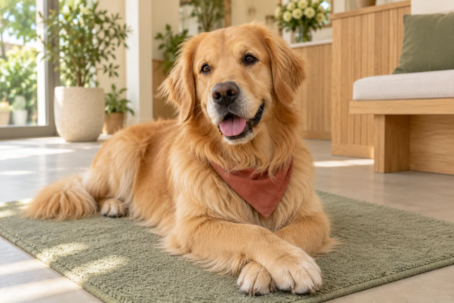 Golden retriever w terakotowej apaszce odpoczywa na miękkiej macie