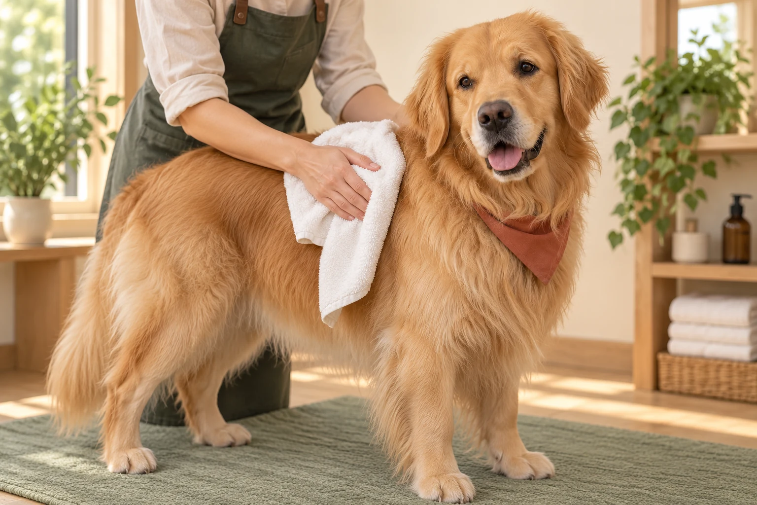 Delikatne osuszanie sierści golden retrievera miękkim ręcznikiem