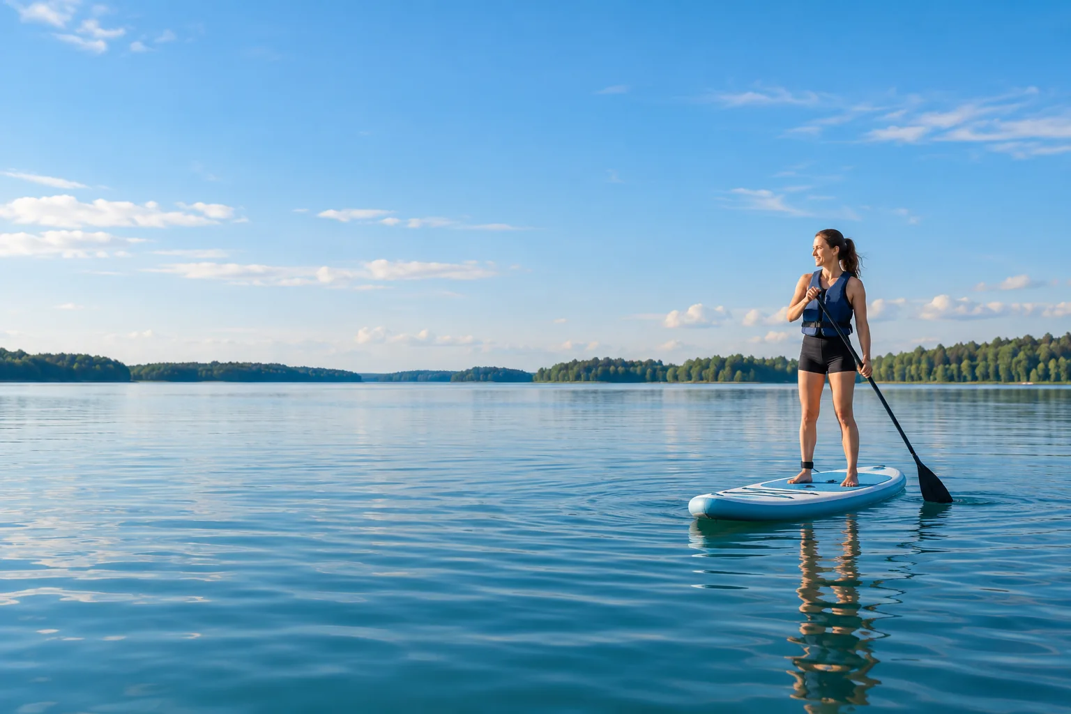 Pływanie na desce SUP po spokojnym mazurskim jeziorze