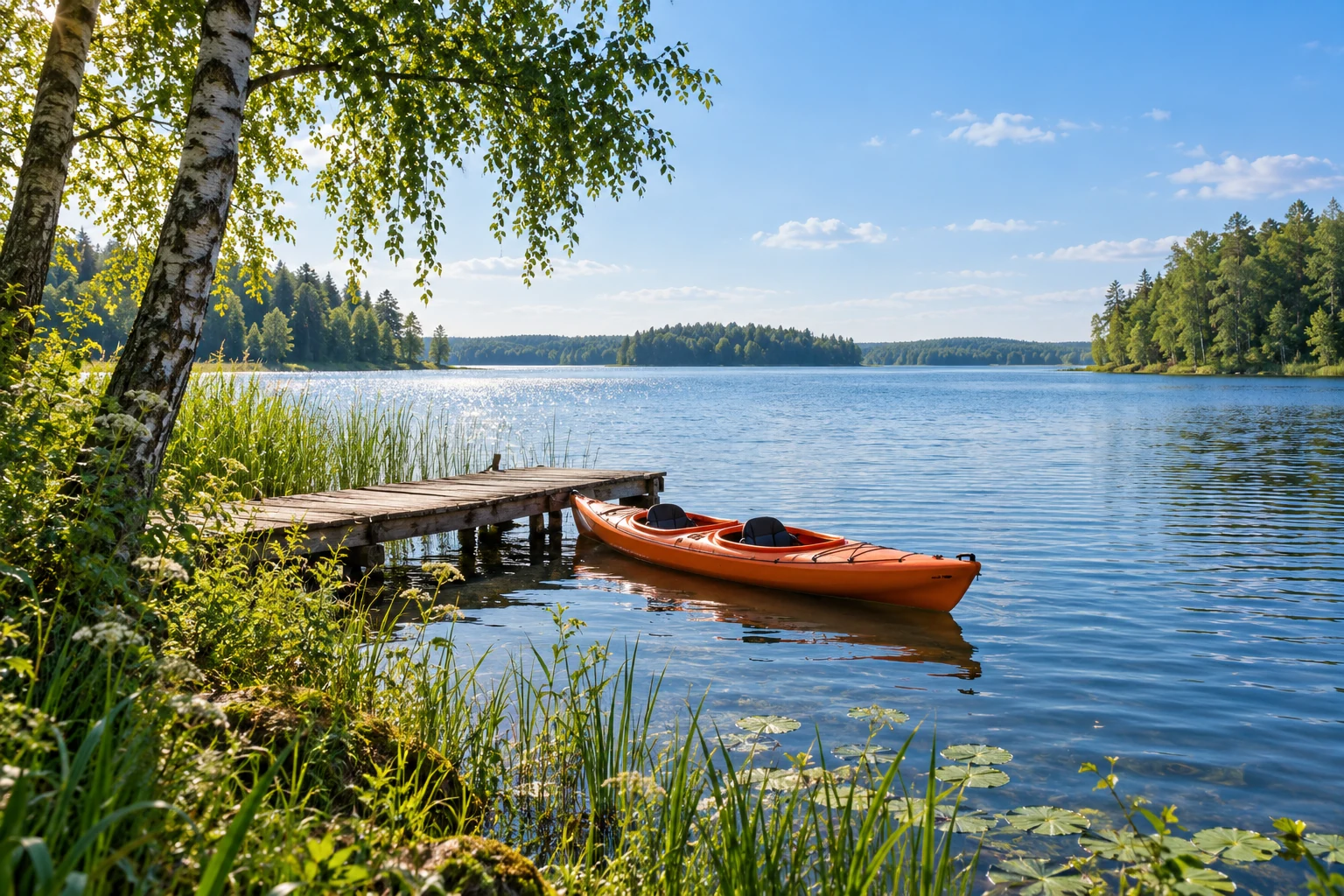 Kajak przy spokojnym brzegu mazurskiego jeziora