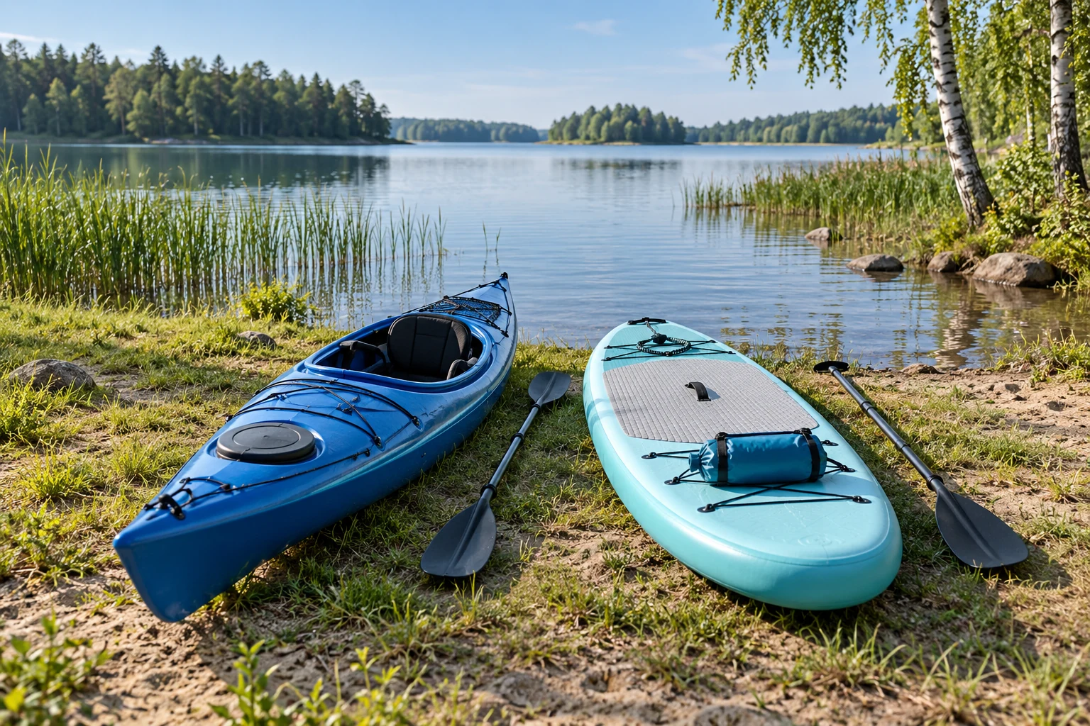 Kajak i deska SUP przygotowane do wyboru przy jeziorze