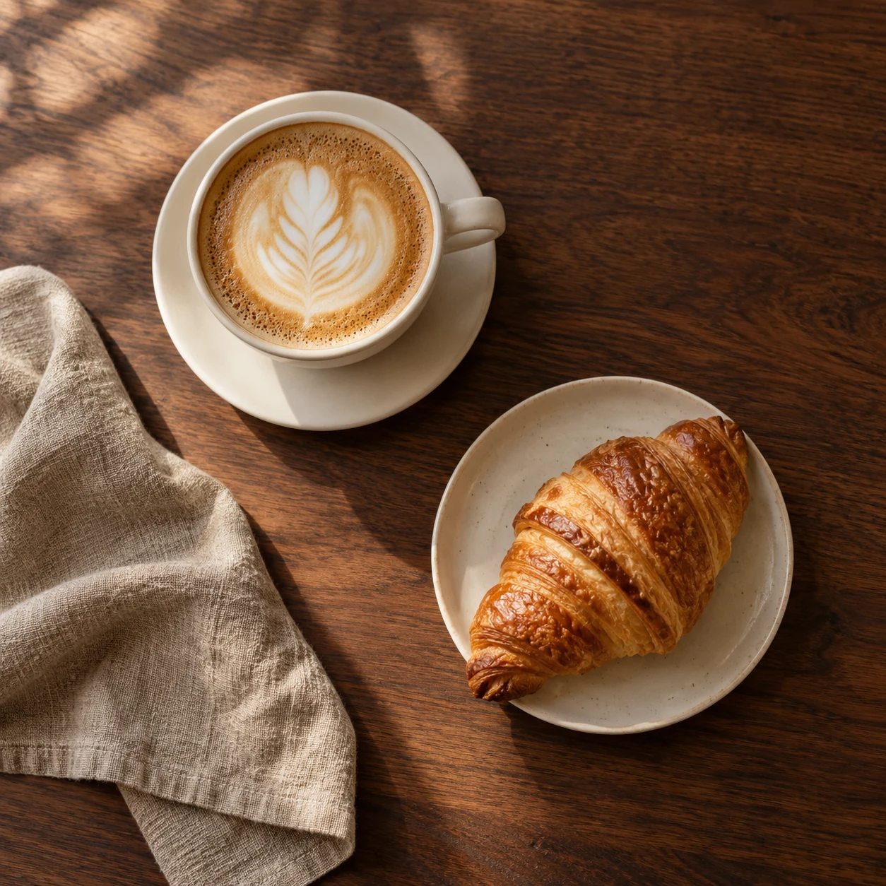 Kawa i croissant widziane z góry