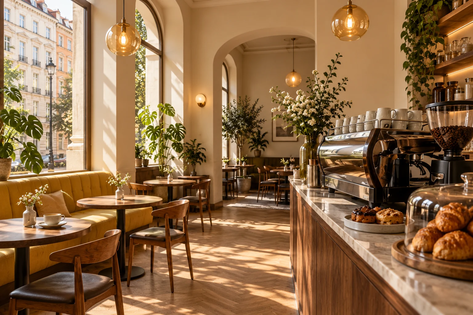 Drewniany bar i ekspres od strony sali