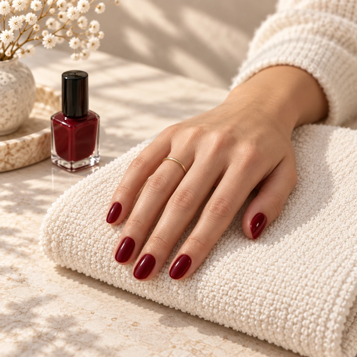 Starannie wykonany manicure w kolorze wiśniowym