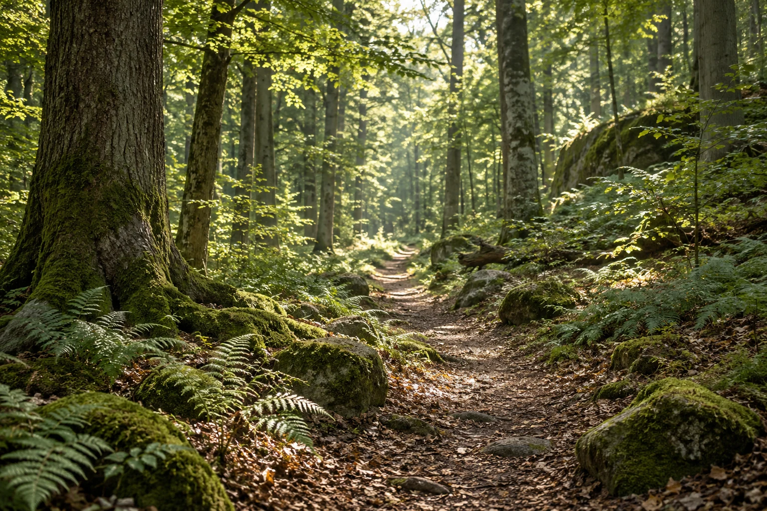 Leśna ścieżka wśród paproci i wysokich drzew