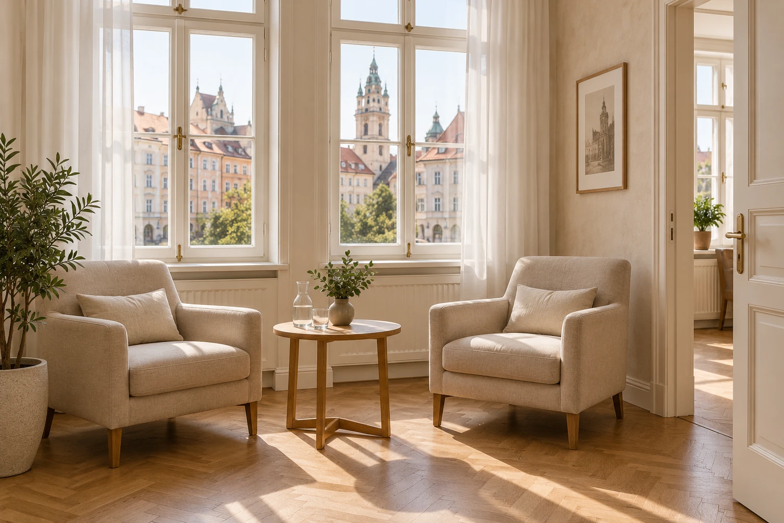 Jasna poczekalnia z fotelami przy oknie