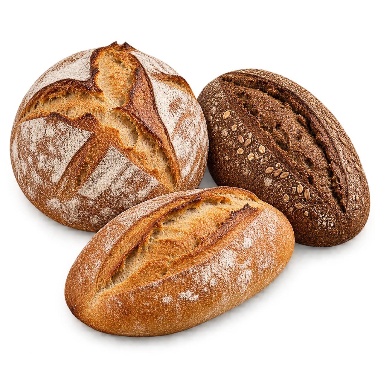 Trzy różne bochenki chleba na zakwasie