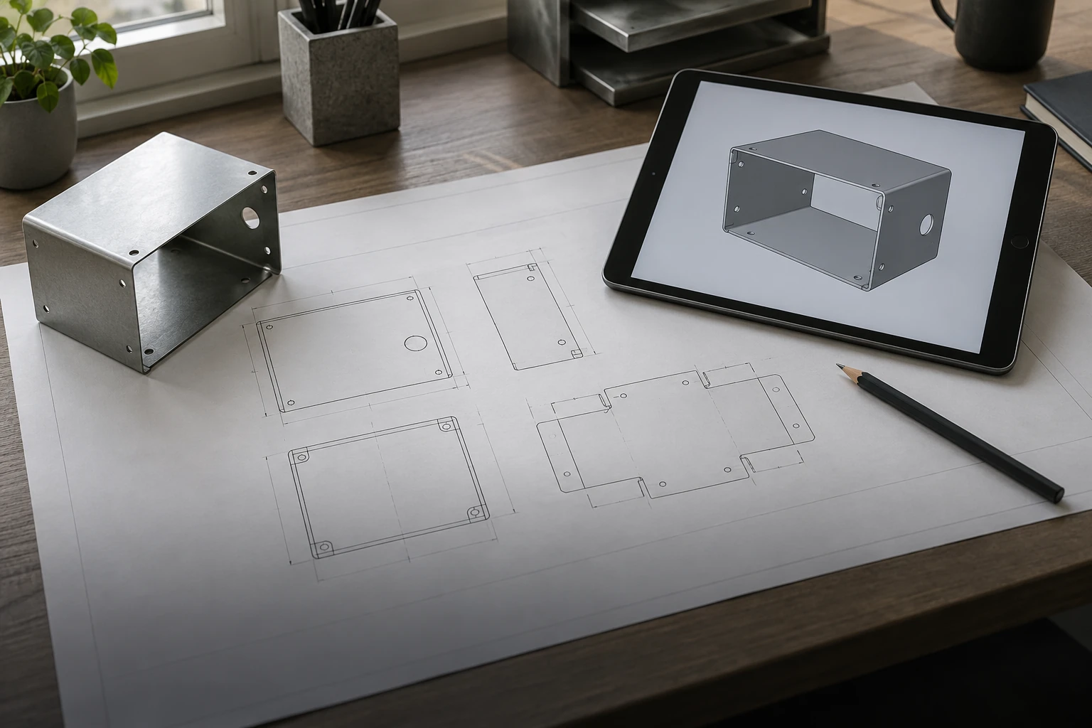 Rysunek wykonawczy obudowy i model CAD na stanowisku projektowym