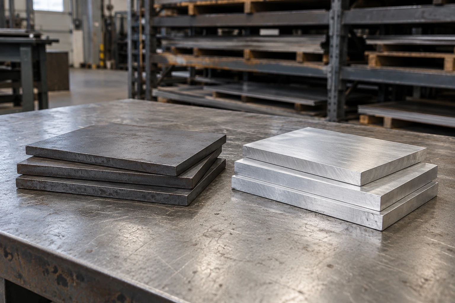 Próbki ciemnej stali i jasnego aluminium na stole warsztatowym