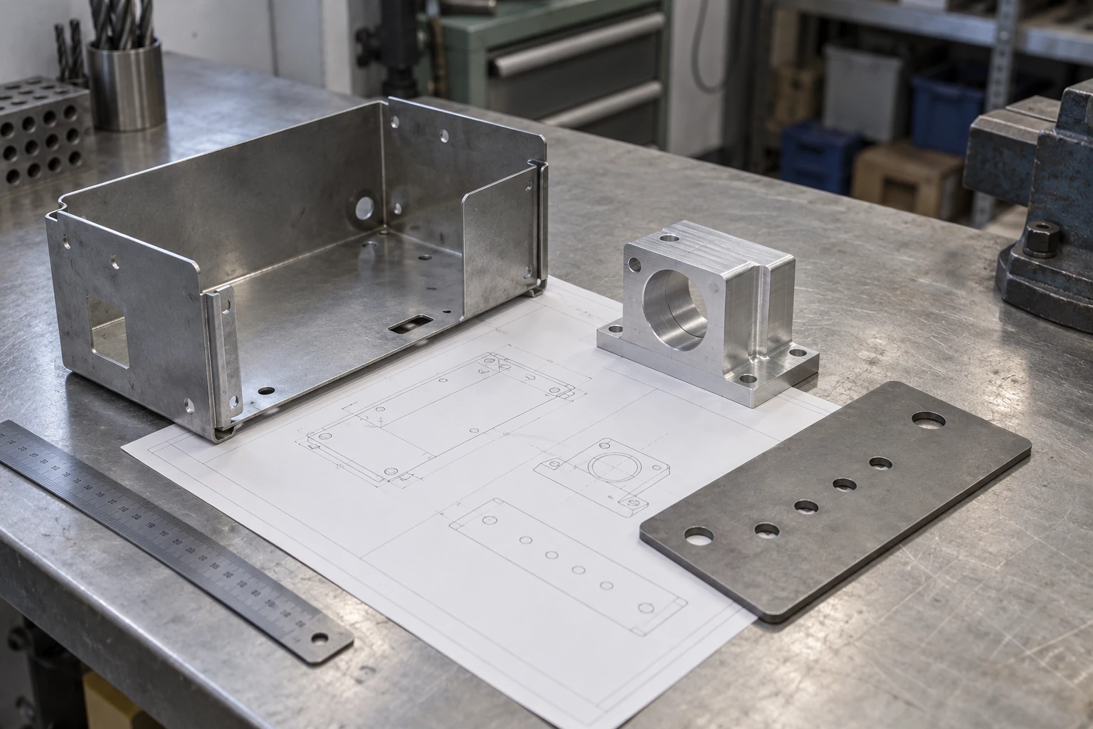 Prototypowa obudowa i elementy metalowe na rysunku technicznym