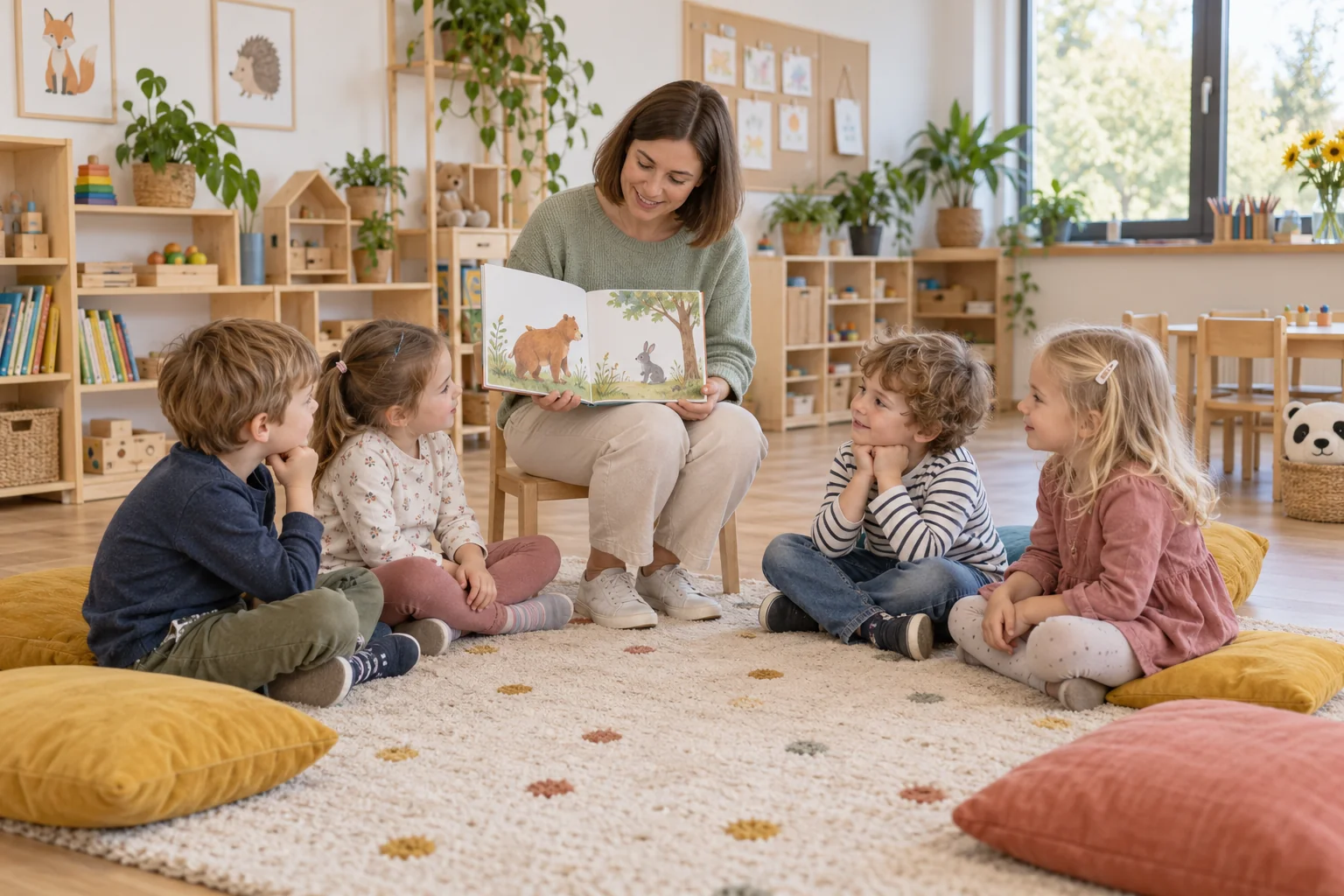 Nauczycielka czyta książkę dzieciom siedzącym na dywanie