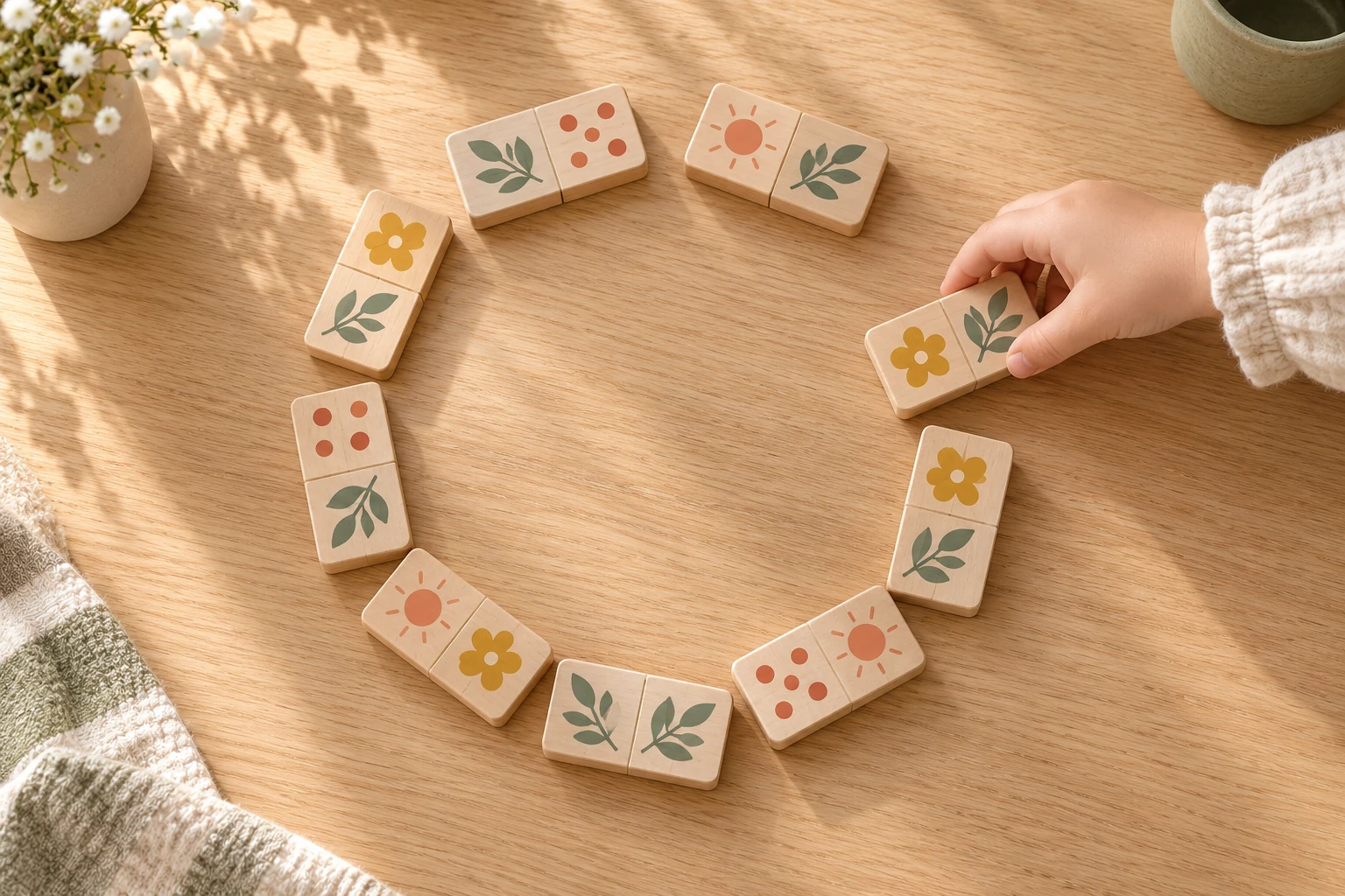 Dziecko układa drewniane domino w krąg na jasnym stole
