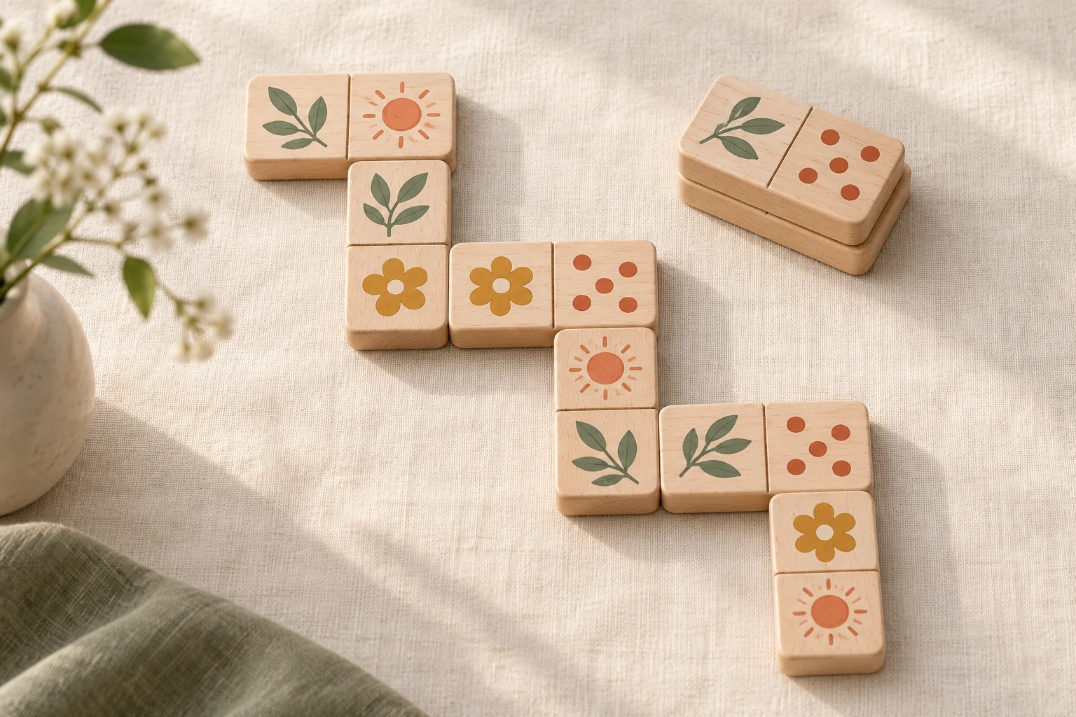 Drewniane domino z motywami liści i kwiatów ułożone na stole