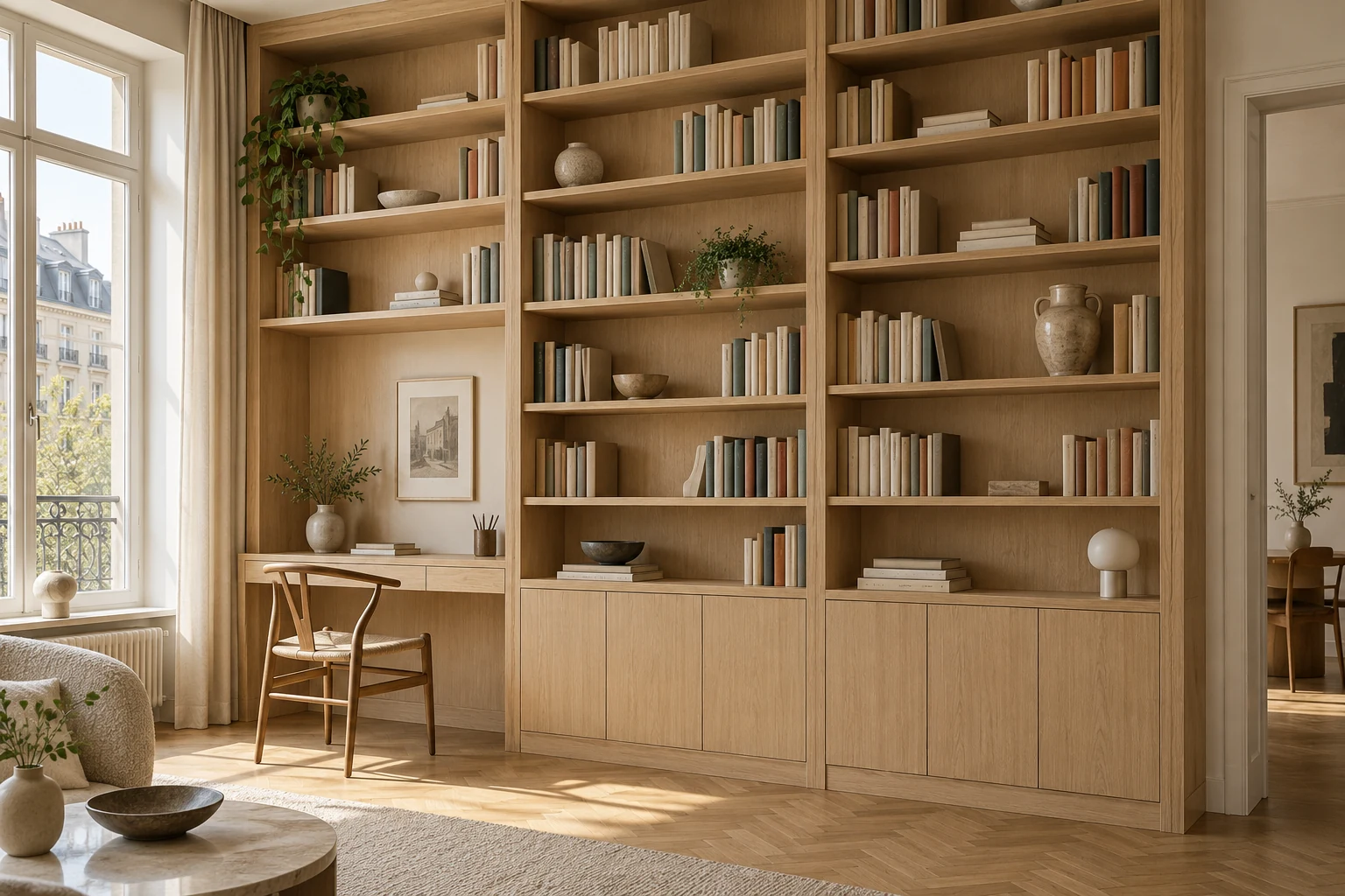 Dębowa biblioteka na całą ścianę z biurkiem przy oknie