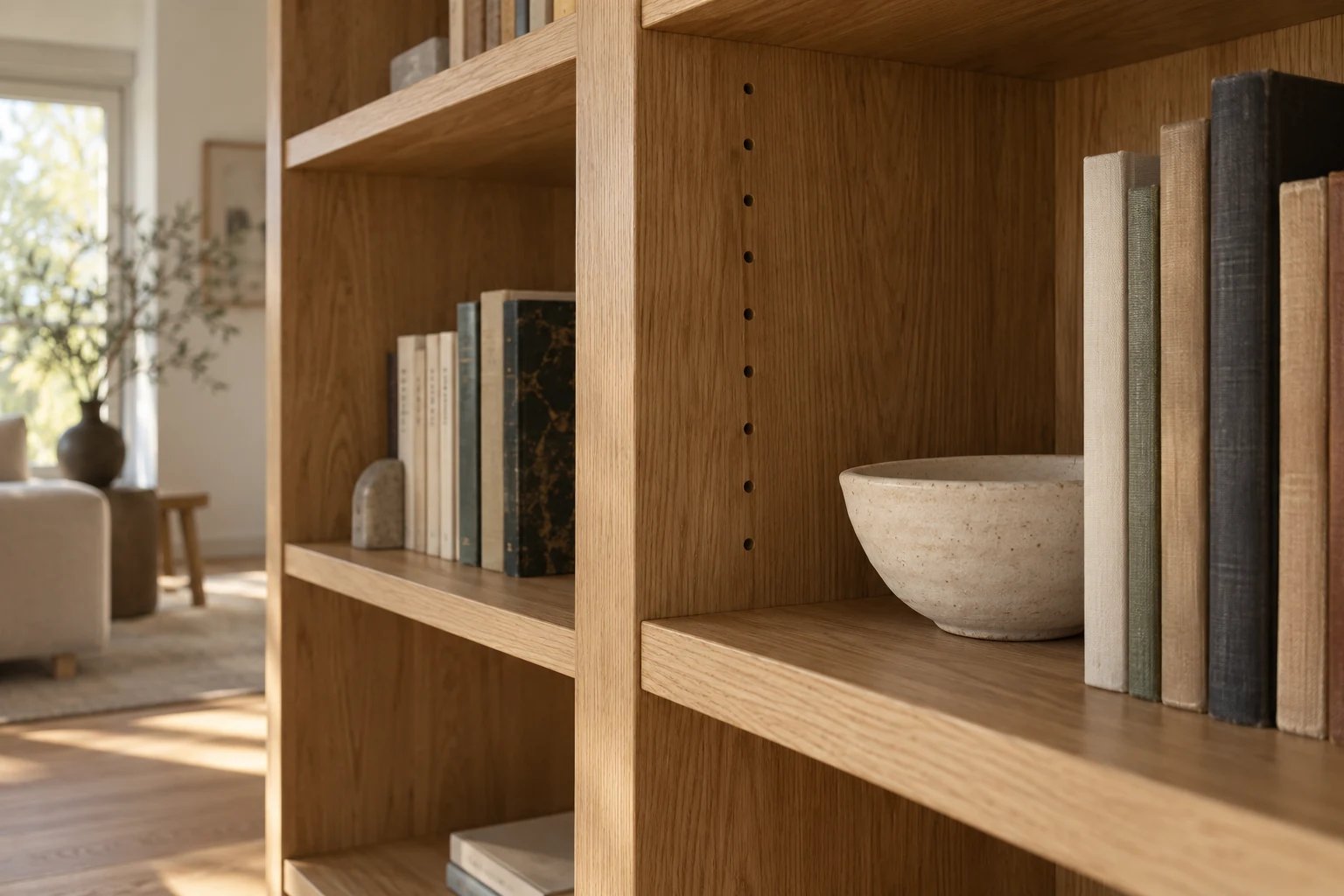 Detal dębowych półek bibliotecznych z regulacją wysokości