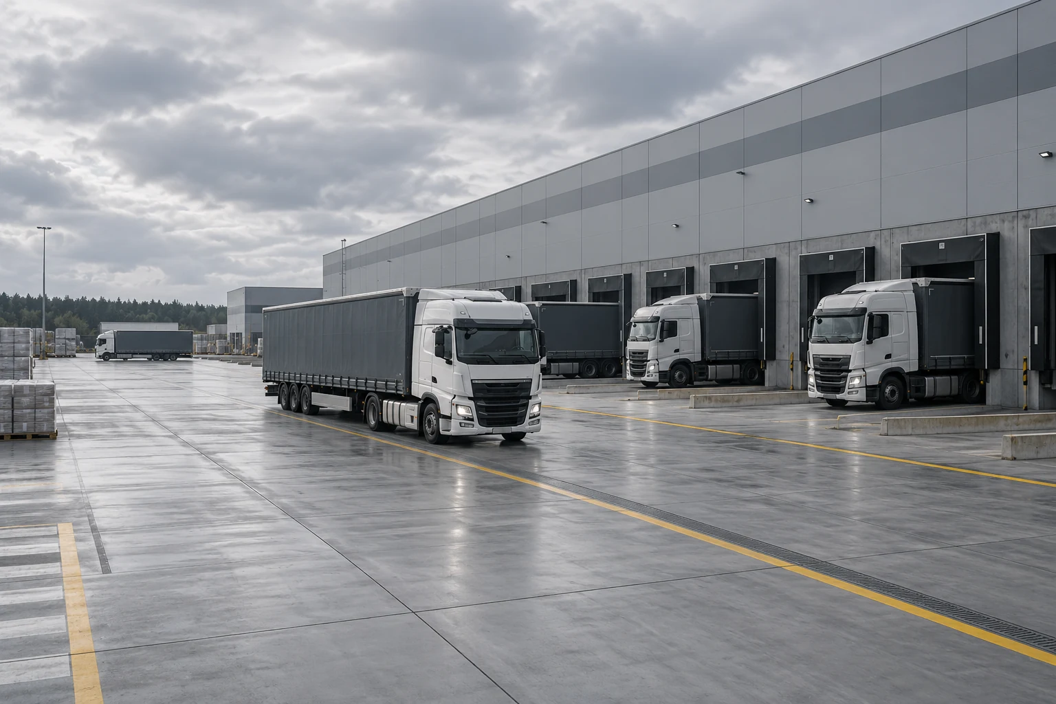 Samochody ciężarowe przy dokach centrum logistycznego