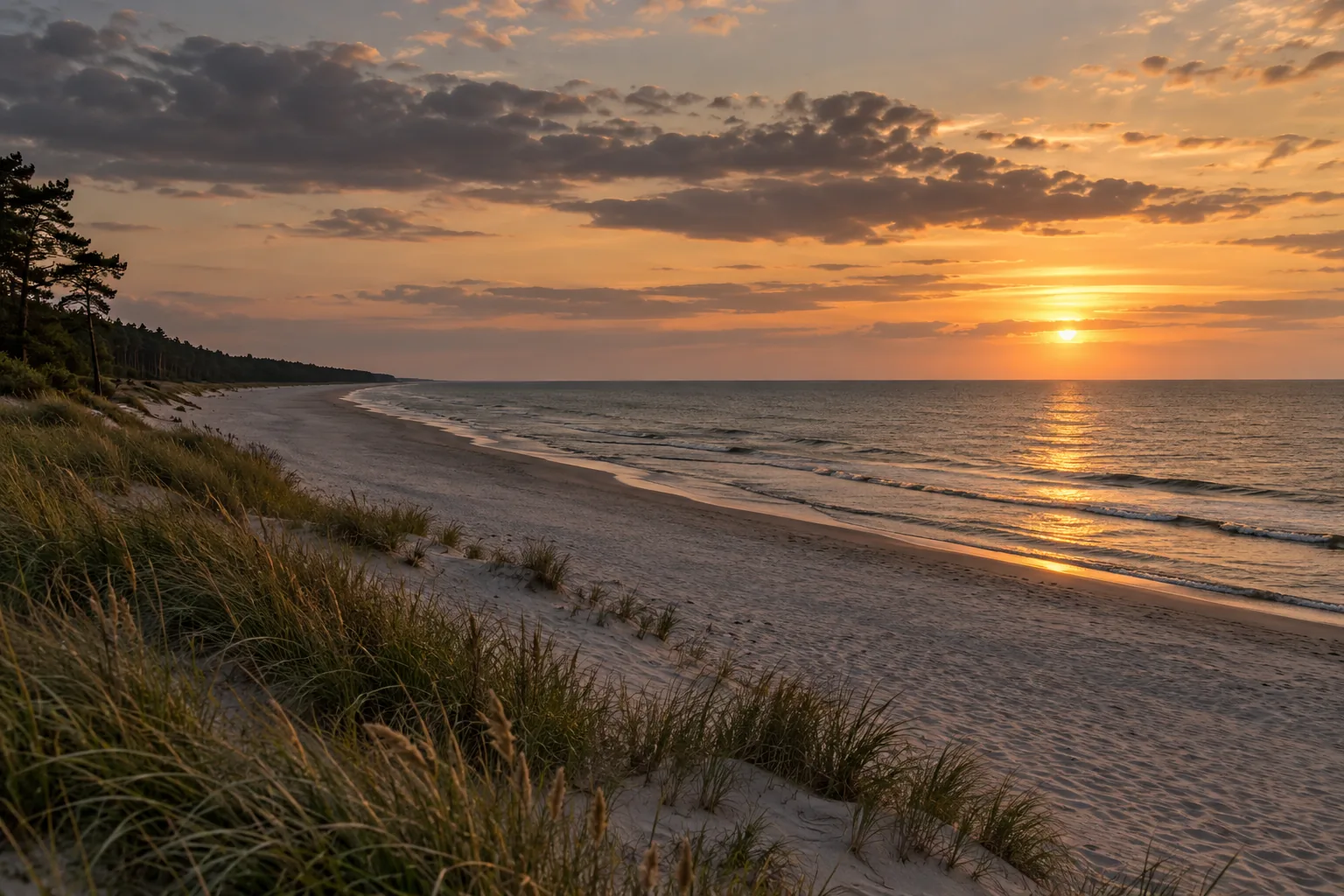 Spokojna plaża nad Bałtykiem o zachodzie słońca