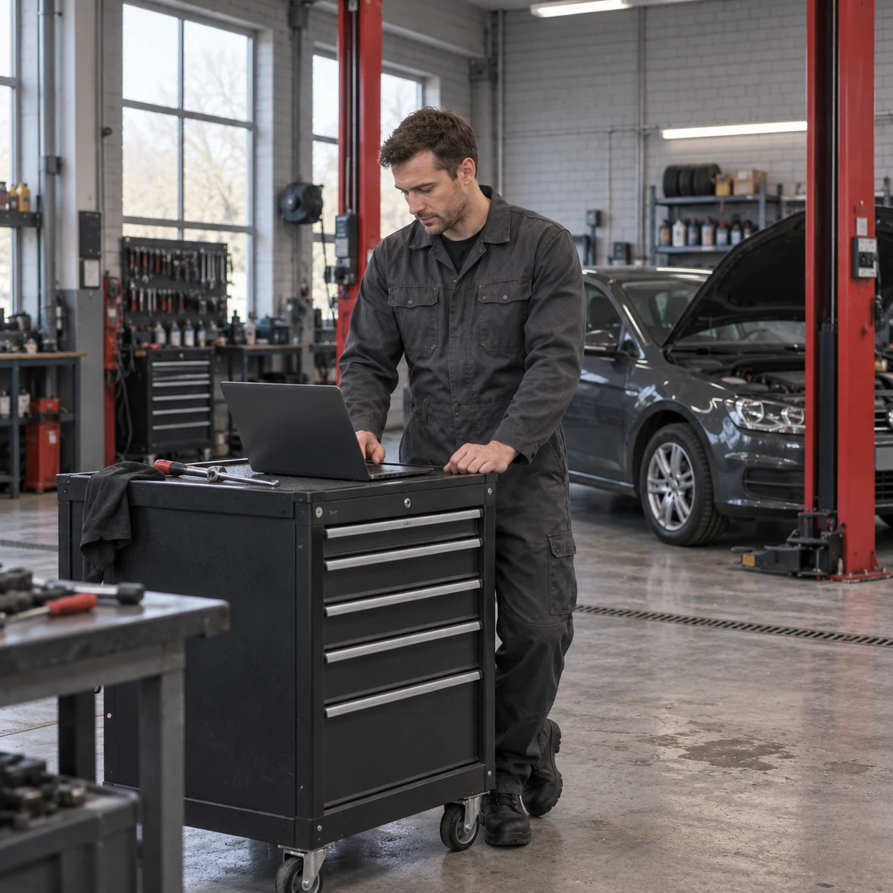 Mechanik analizujący dane przy stanowisku diagnostycznym