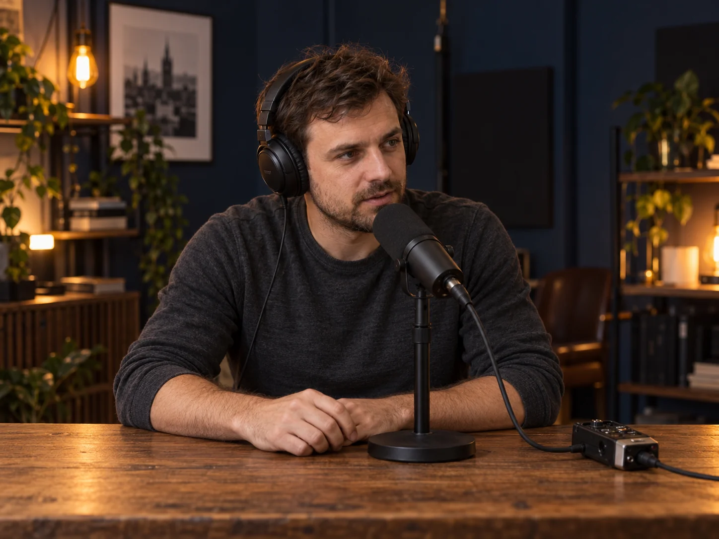 Nagranie podcastu z mikrofonem, rejestratorem i odsłuchem w słuchawkach.