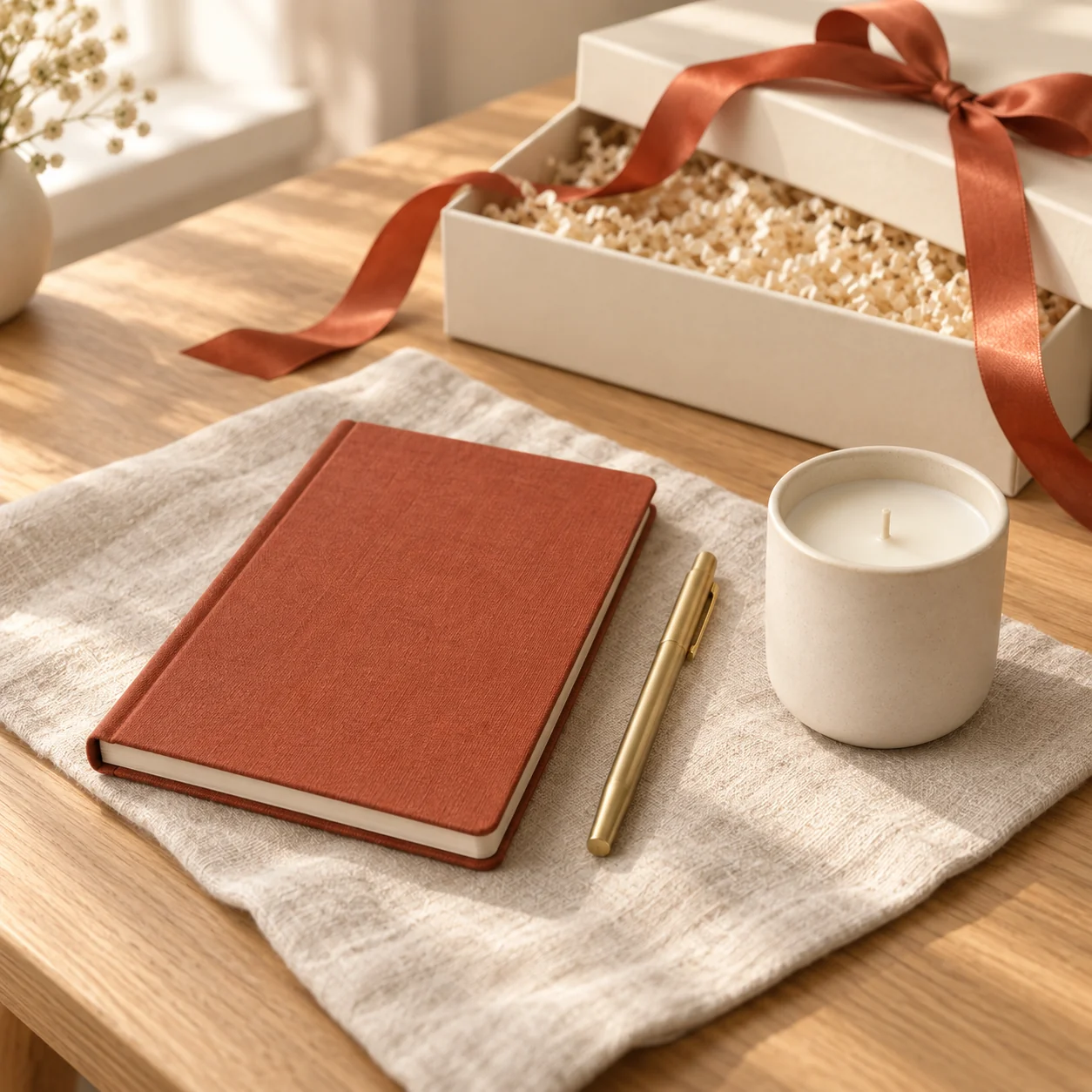 Brązowy notes, długopis i świeca na jasnym biurku