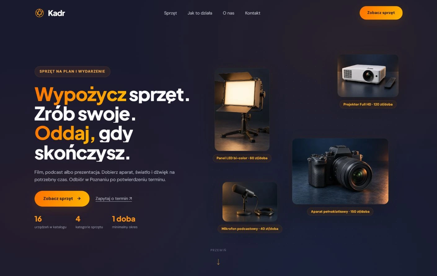Podgląd strony Kadr, Wypożyczalnia sprzętu