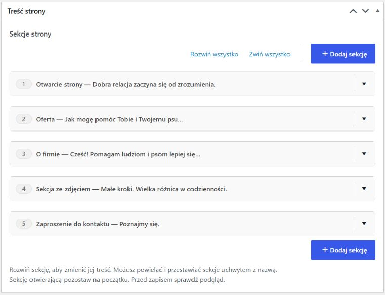 Lista sekcji w panelu WordPress: otwarcie strony, oferta, o firmie, sekcja ze zdjęciem i kontakt.