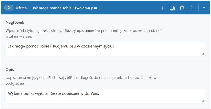 Pola Nagłówek i Opis z podpowiedziami w rozwiniętej sekcji Oferta.