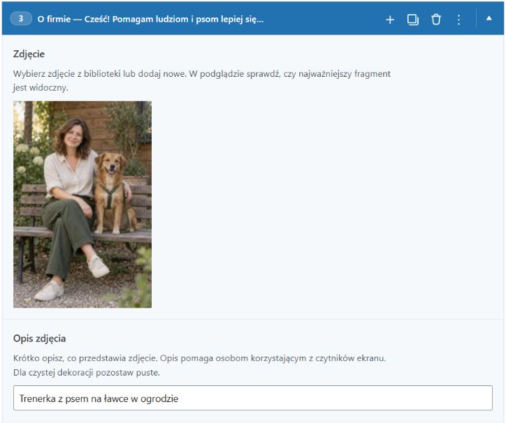 Pole zdjęcia z podglądem oraz pole Opis zdjęcia w sekcji O firmie.