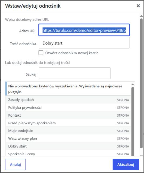 Okno Wstaw/edytuj odnośnik z adresem URL, treścią odnośnika i listą istniejących stron.