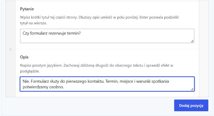 Przykładowe pytanie FAQ, pole odpowiedzi i przycisk Dodaj pozycję.