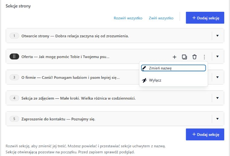 Lista sekcji z otwartym menu zawierającym działanie Wyłącz.