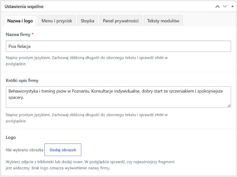 Ustawienia wspólne: karty Nazwa i logo, Menu i przycisk, Stopka, Panel prywatności oraz Teksty modułów.