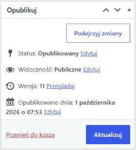 Panel Opublikuj z przyciskiem Podejrzyj zmiany, odnośnikiem Przeglądaj wersje i przyciskiem Aktualizuj.