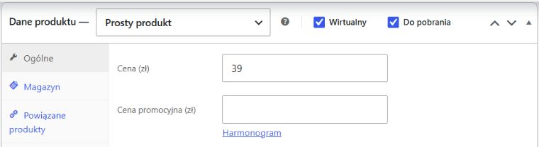 Dane produktu WooCommerce: Prosty produkt, Wirtualny, Do pobrania, Cena i Cena promocyjna.